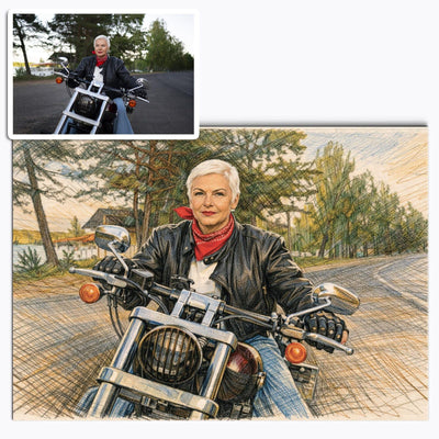 Votre photo transformée en portrait au crayon de couleur au format paysage, traits croisés bleus et ocre, imprimé en affiche (poster) et livré chez vous (exemple)