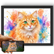 Création personnalisée : la photo de votre chat devient un portrait éclats de couleurs en format paysage, éclaboussures vives sur fond blanc, imprimé en cadre noir et livré chez vous (exemple)