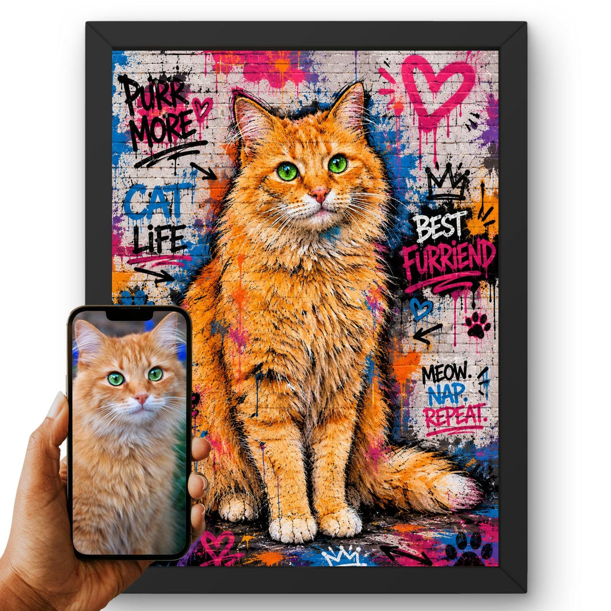 Création personnalisée : vous envoyez la photo de votre chat, elle devient un portrait street art, mur de briques, tags et cœurs, imprimé en cadre noir puis livré chez vous (exemple)