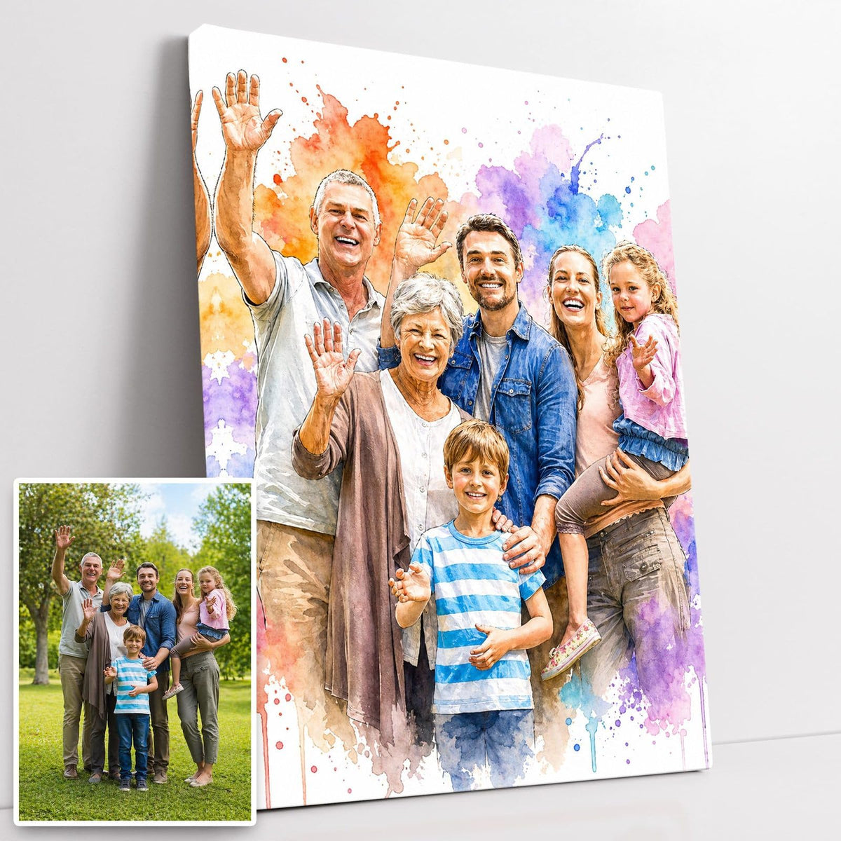 Création personnalisée : vous envoyez votre photo, elle devient un portrait éclats de couleurs, éclaboussures d'aquarelle vives, imprimé sur toile canvas puis livré chez vous (exemple)
