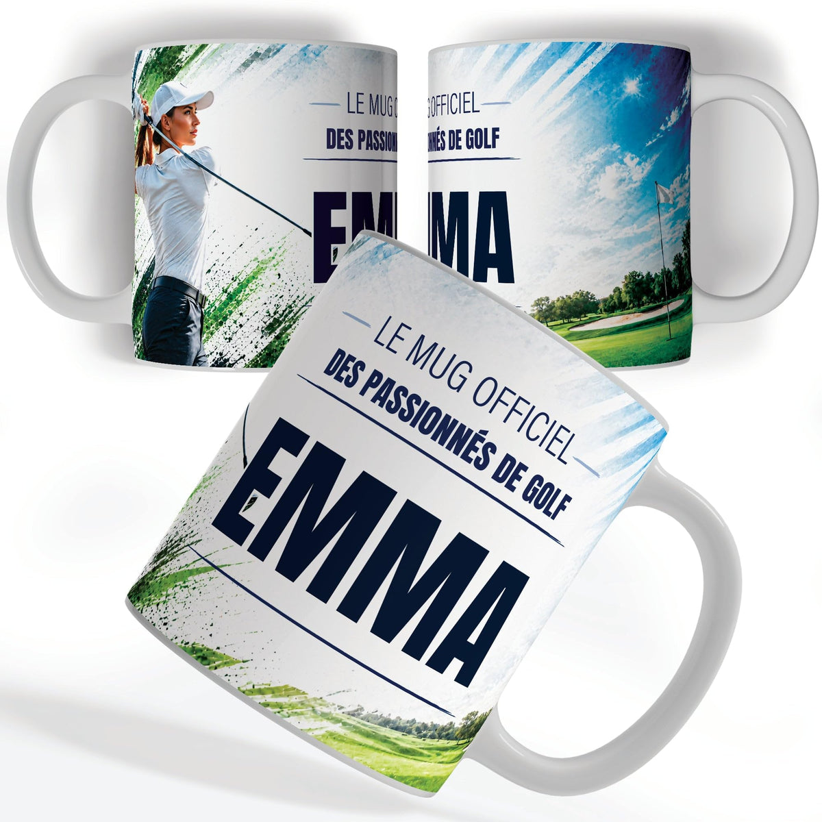 Mug golf personnalisé avec prénom, vu sous trois angles : une golfeuse qui termine son swing, décor imprimé à 360° sur céramique blanche ; livré chez vous (exemple)
