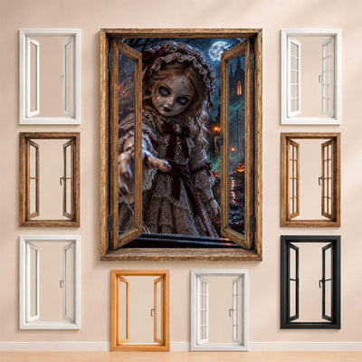 La poupée possédée en robe de dentelle et bonnet à rubans, entourée des fenêtres au choix : bois, PVC blanc, à carreaux, alu noir ou sans fenêtre, décor livré sur toile ou plexiglas (exemple)