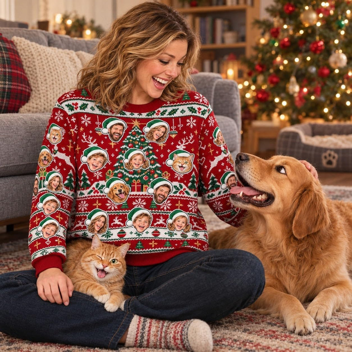Sweat de Noël rouge personnalisé porté avec un chien et un chat : les animaux aussi peuvent figurer, une photo par visage, répétés sur le devant et les manches, livré chez vous (exemple)