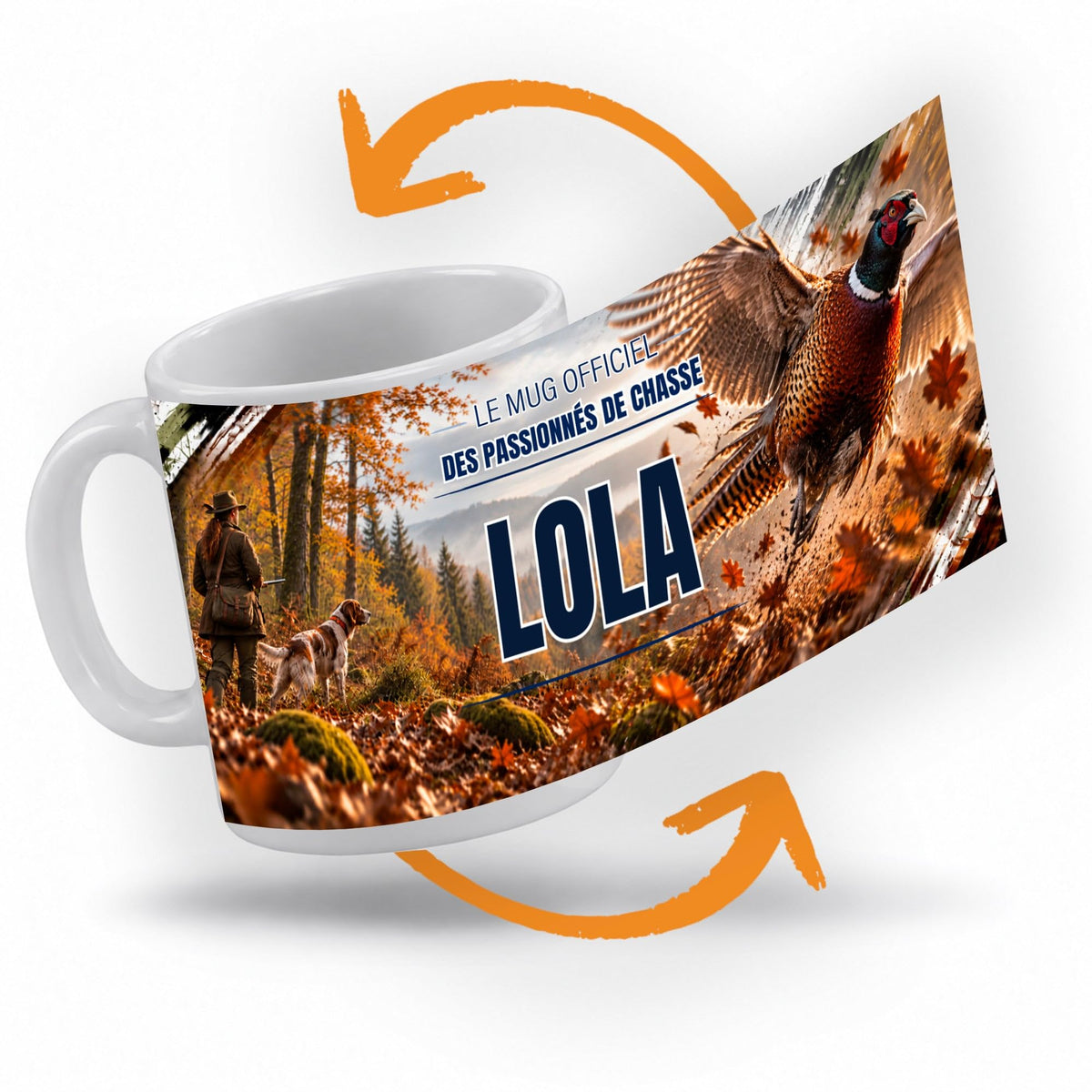 Décor chasse déroulé à 360° autour du mug : un faisan qui s'envole, touches cuivrées et ocre, votre texte et son prénom au centre ; imprimé puis livré chez vous (exemple)