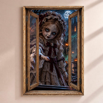 Déco Halloween en trompe-l'œil : une poupée ancienne au visage fêlé qui tend le bras, par une fenêtre en bois rustique, sur toile canvas tendue ou plexiglas, livrée chez vous (exemple)