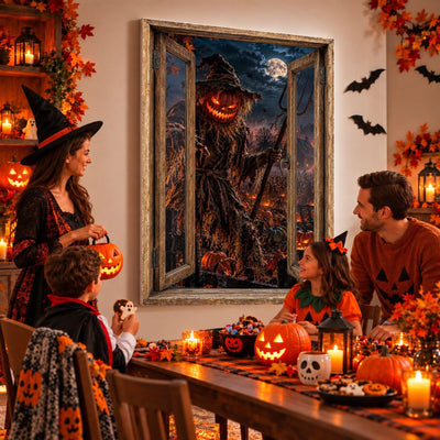 Idée d'usage : un goûter d'Halloween face à l'épouvantail-citrouille aux yeux de braise, sur toile ou plexiglas en 60 x 40 cm, 80 x 60 cm ou 120 x 80 cm, fenêtre au choix, livré (exemple)