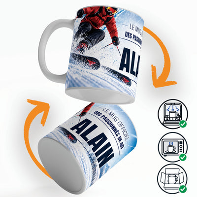 Mug ski vu sous deux angles, prénom et texte au choix ; compatible lave-vaisselle et micro-ondes, expédié calé dans une boîte en carton jusque chez vous (exemple)