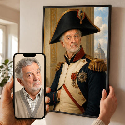 Portrait en officier du Premier Empire façon tableau de maître d'après votre photo, écharpe rouge et coupole au loin, en cadre noir, aussi en blanc, bois clair ou bois foncé, livré chez vous (exemple)