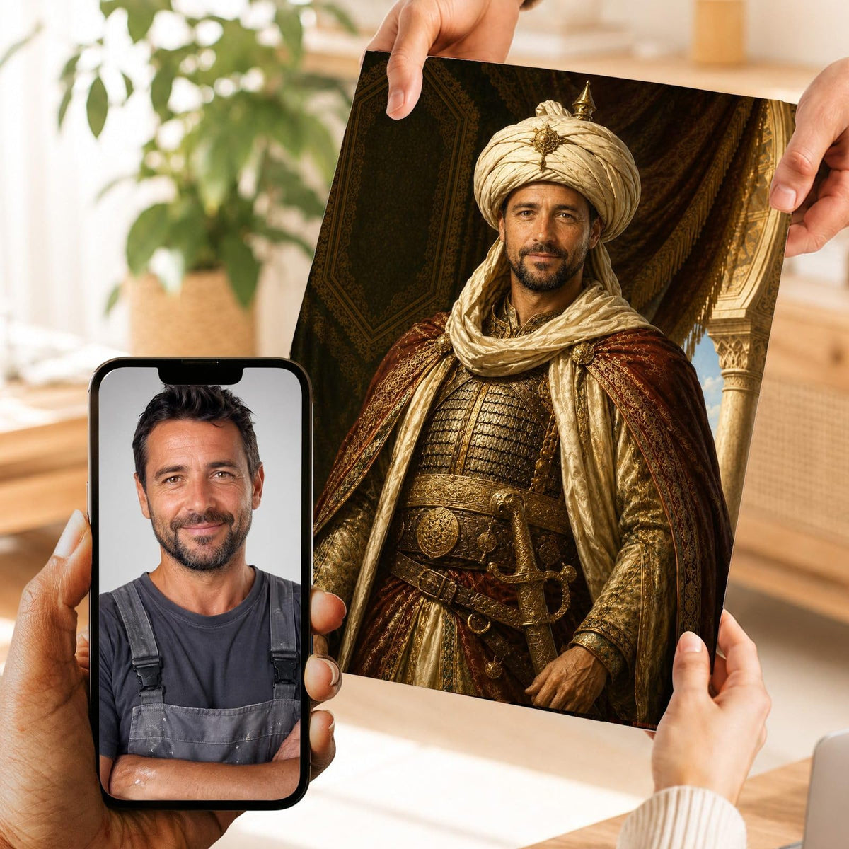 Création personnalisée : votre visage en sultan, turban crème, cotte de mailles et manteau brodé, imprimée en affiche (poster), livrée chez vous ; photo d'origine sur le téléphone (exemple)