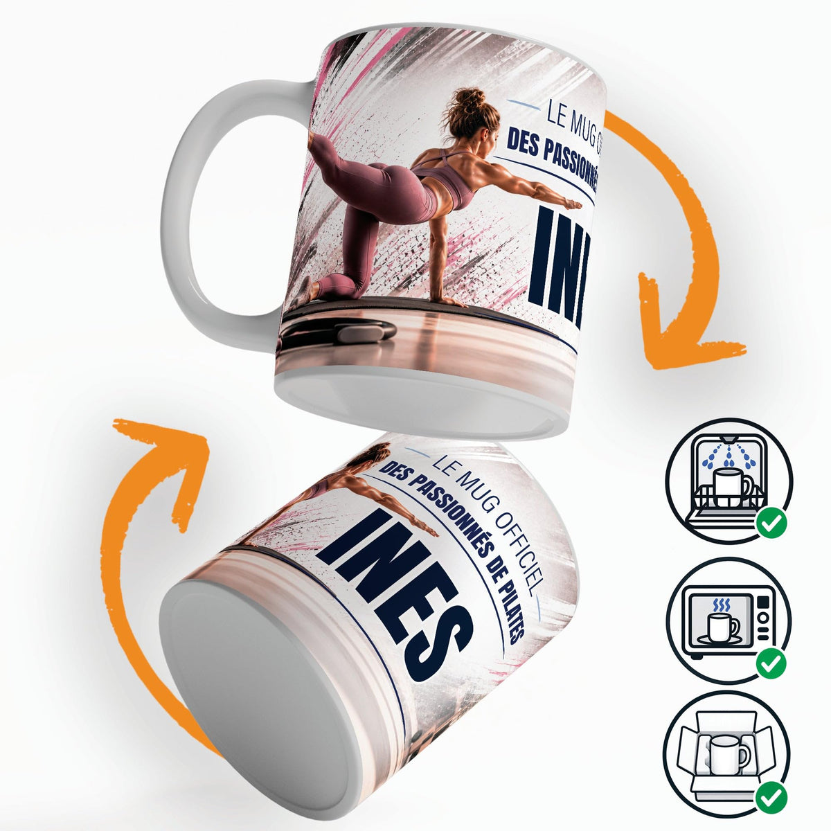 Mug pilates vu sous deux angles, prénom et texte au choix ; compatible lave-vaisselle et micro-ondes, expédié calé dans une boîte en carton jusque chez vous (exemple)