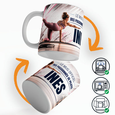 Mug pilates vu sous deux angles, prénom et texte au choix ; compatible lave-vaisselle et micro-ondes, expédié calé dans une boîte en carton jusque chez vous (exemple)