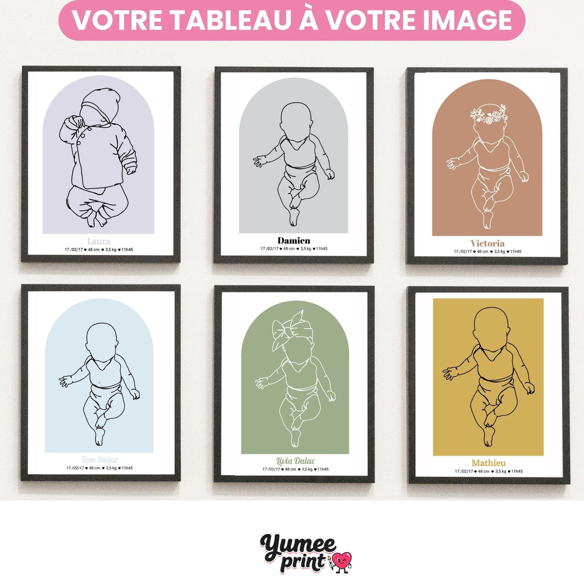Six affiches de naissance en cadre noir, arches lavande, gris perle, terracotta, bleu ciel, vert sauge et moutarde, parmi 13 couleurs : silhouette, prénom et mesures, livrées chez vous (exemple)