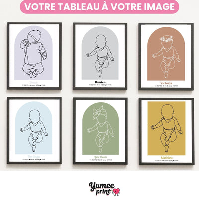 Six affiches de naissance en cadre noir, arches lavande, gris perle, terracotta, bleu ciel, vert sauge et moutarde, parmi 13 couleurs : silhouette, prénom et mesures, livrées chez vous (exemple)