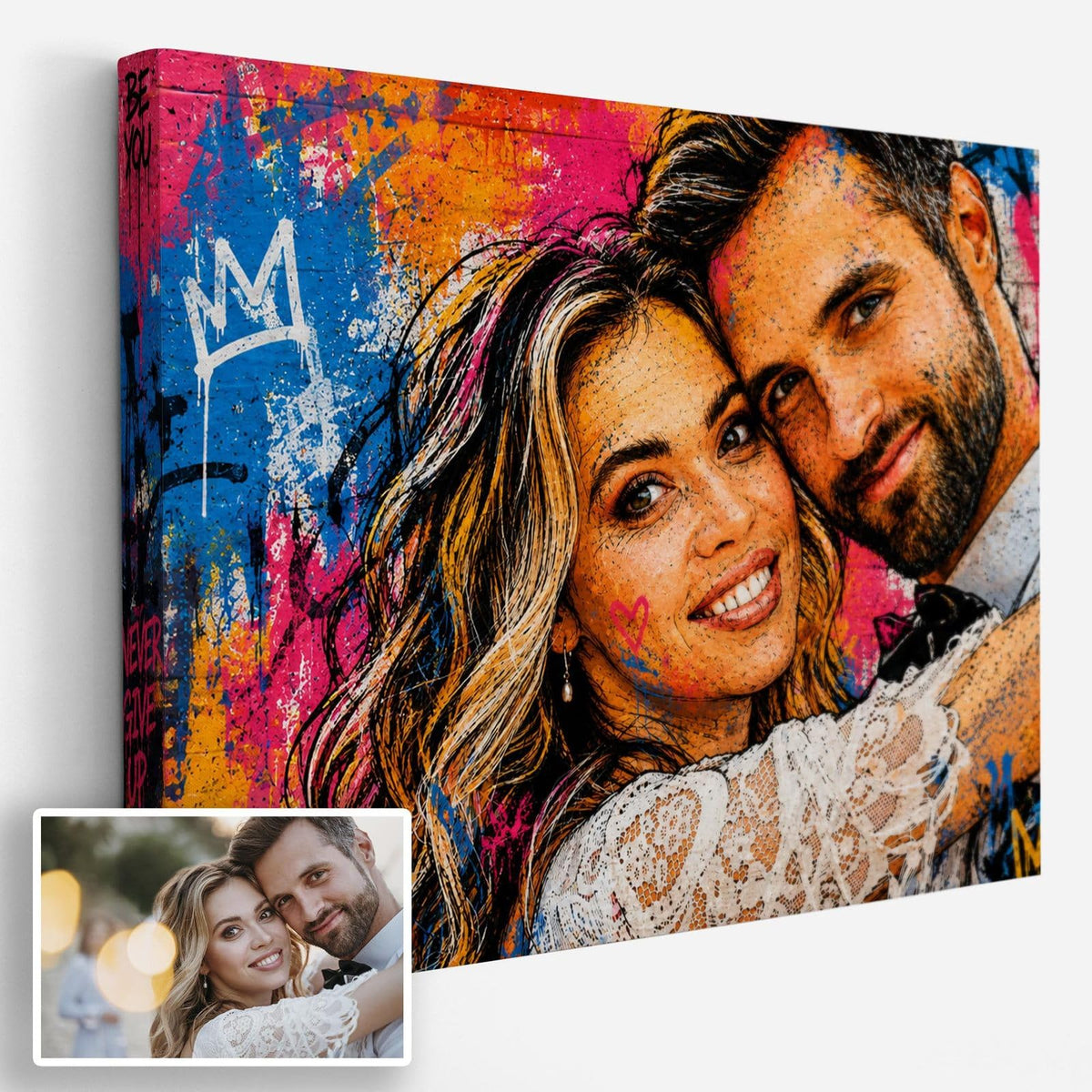 Création personnalisée en paysage : votre photo devient un portrait street art, coulures, tags, couronnes et cœurs, imprimé sur toile canvas puis livré chez vous (exemple)