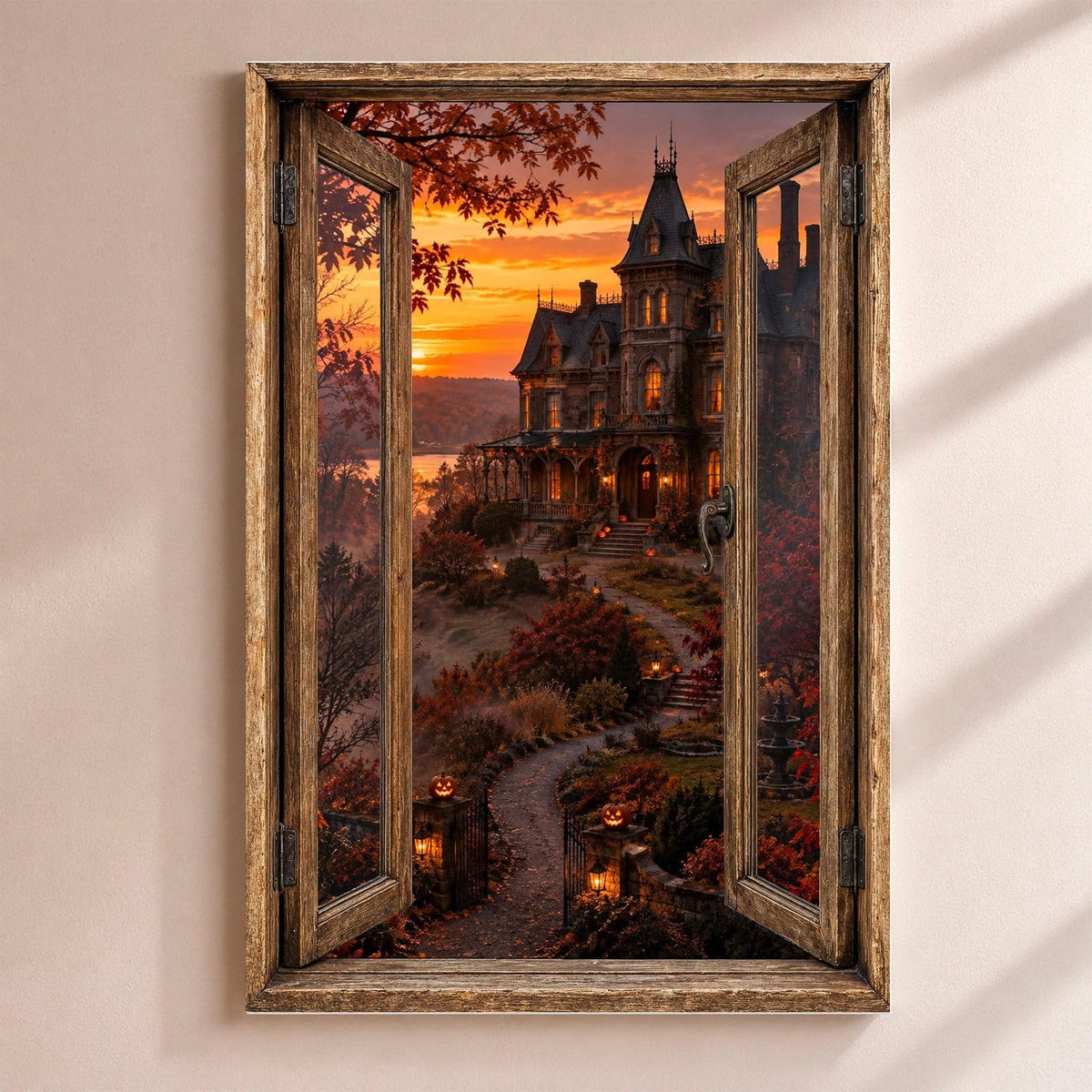 Déco Halloween en trompe-l'œil : un manoir hanté au coucher du soleil, au bout d'un chemin gardé par deux citrouilles, par une fenêtre en bois rustique, sur toile canvas ou plexiglas, livrée (exemple)