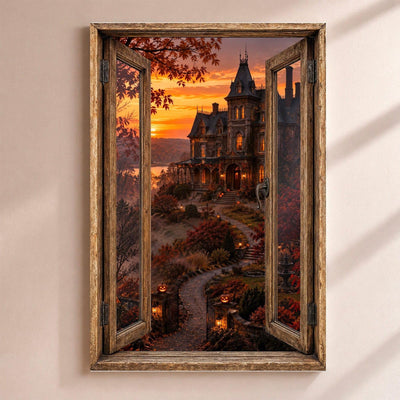 Déco Halloween en trompe-l'œil : un manoir hanté au coucher du soleil, au bout d'un chemin gardé par deux citrouilles, par une fenêtre en bois rustique, sur toile canvas ou plexiglas, livrée (exemple)
