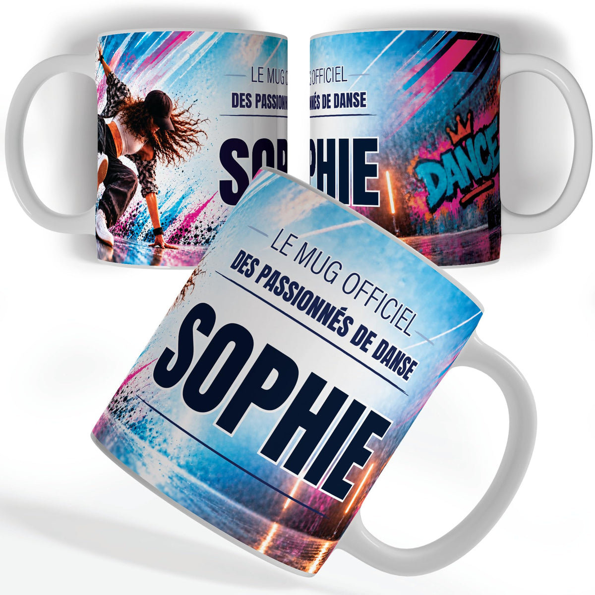 Mug danse urbaine personnalisé avec prénom, vu sous trois angles : une danseuse urbaine en pleine figure, décor imprimé à 360° sur céramique blanche ; livré chez vous (exemple)
