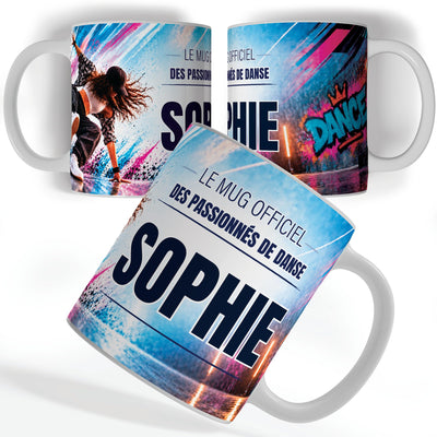 Mug danse urbaine personnalisé avec prénom, vu sous trois angles : une danseuse urbaine en pleine figure, décor imprimé à 360° sur céramique blanche ; livré chez vous (exemple)