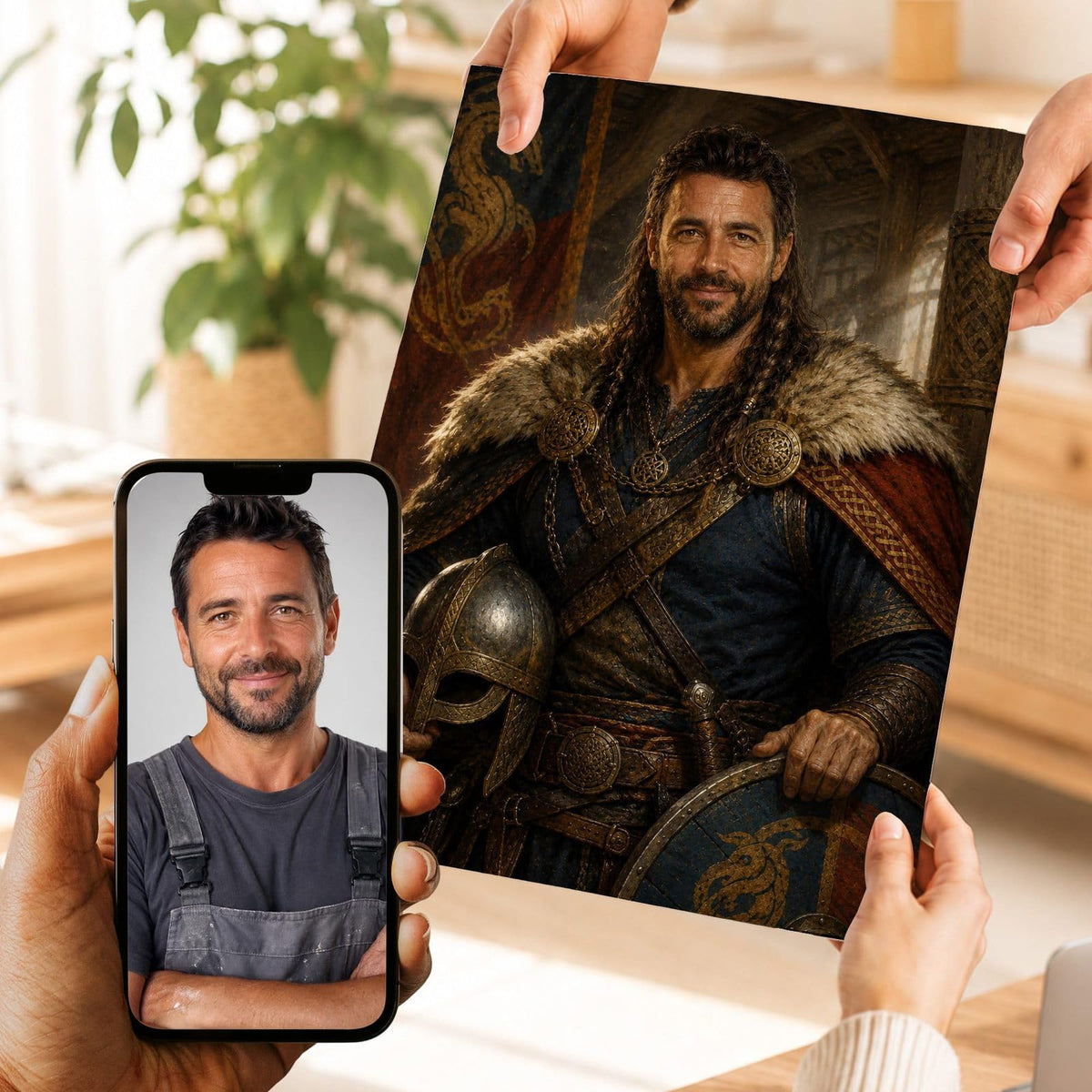 Création personnalisée : votre visage en chef viking, tresses, fourrure sur les épaules et bouclier, imprimée en affiche (poster), livrée chez vous ; photo d'origine sur le téléphone (exemple)