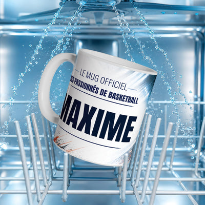 Mug basket au prénom dans le panier d'un lave-vaisselle : impression compatible lave-vaisselle ; neuf textes au choix, dont vos propres phrases, livré chez vous (exemple)