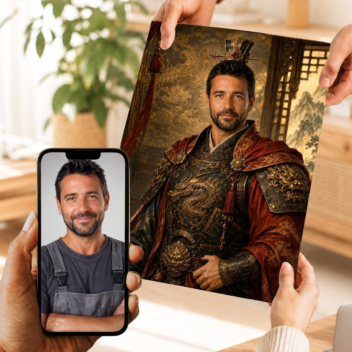 Création personnalisée : votre visage en empereur chinois, armure ornée de dragons dorés et cape rouge, imprimée en affiche (poster), livrée chez vous ; photo d'origine sur le téléphone (exemple)