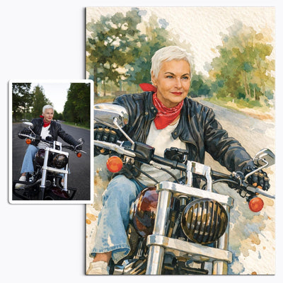 Votre photo transformée en portrait à l'aquarelle d'artiste, fond aquarellé et couleurs diluées, imprimé en affiche (poster) et livré chez vous ; photo d'origine à côté (exemple)