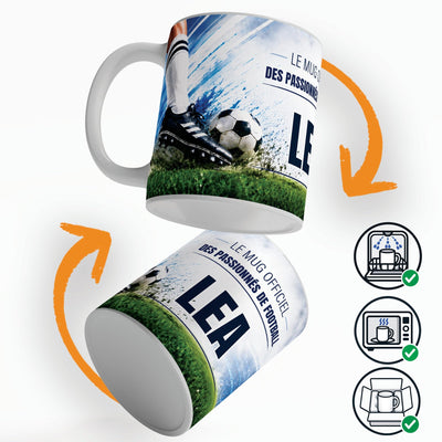 Mug football personnalisé qui tourne sur lui-même, avec trois pictogrammes : lave-vaisselle, micro-ondes et mug calé dans son emballage pour la livraison chez vous (exemple)