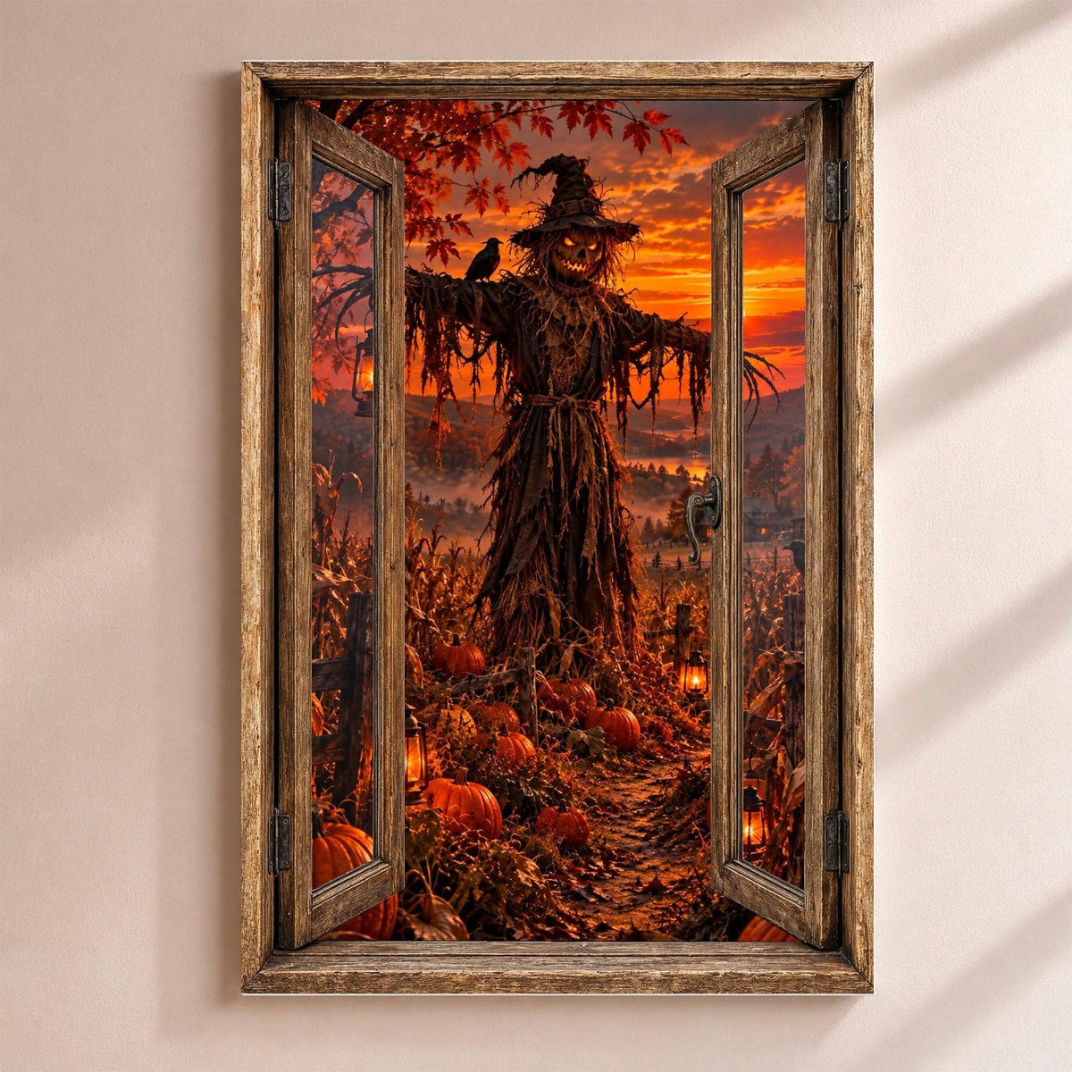 Déco Halloween en trompe-l'œil : un épouvantail et son corbeau dans un champ au coucher du soleil, par une fenêtre en bois rustique, sur toile canvas tendue ou plexiglas, livrée chez vous (exemple)