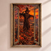 Déco Halloween en trompe-l'œil : un épouvantail et son corbeau dans un champ au coucher du soleil, par une fenêtre en bois rustique, sur toile canvas tendue ou plexiglas, livrée chez vous (exemple)