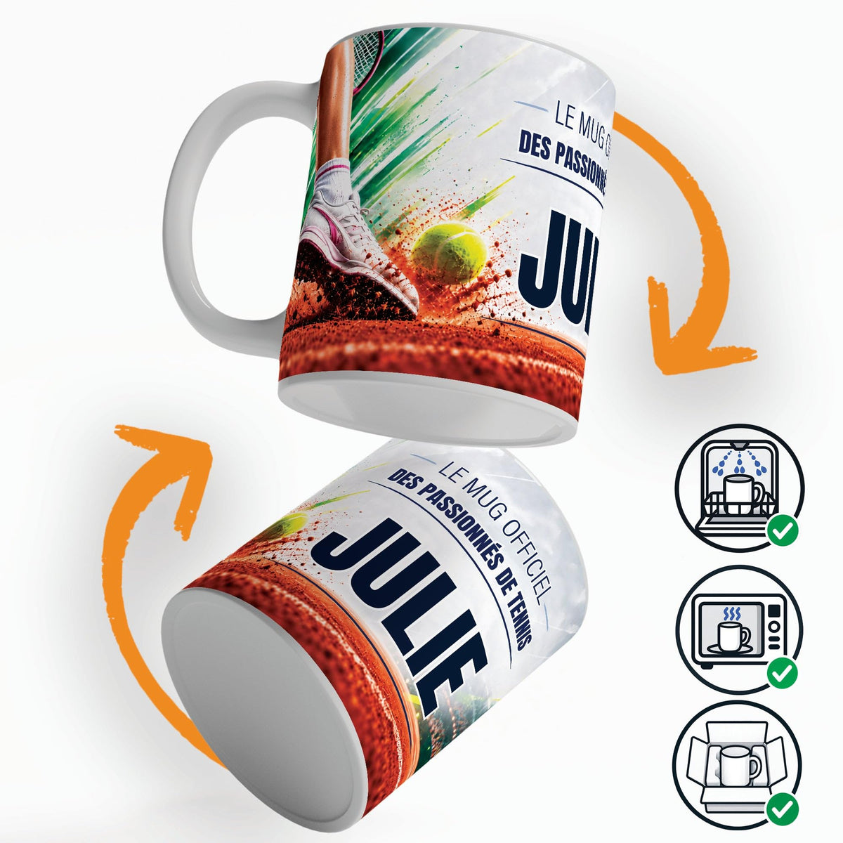Mug tennis femme vu sous deux angles, prénom et texte au choix ; compatible lave-vaisselle et micro-ondes, expédié calé dans une boîte en carton jusque chez vous (exemple)