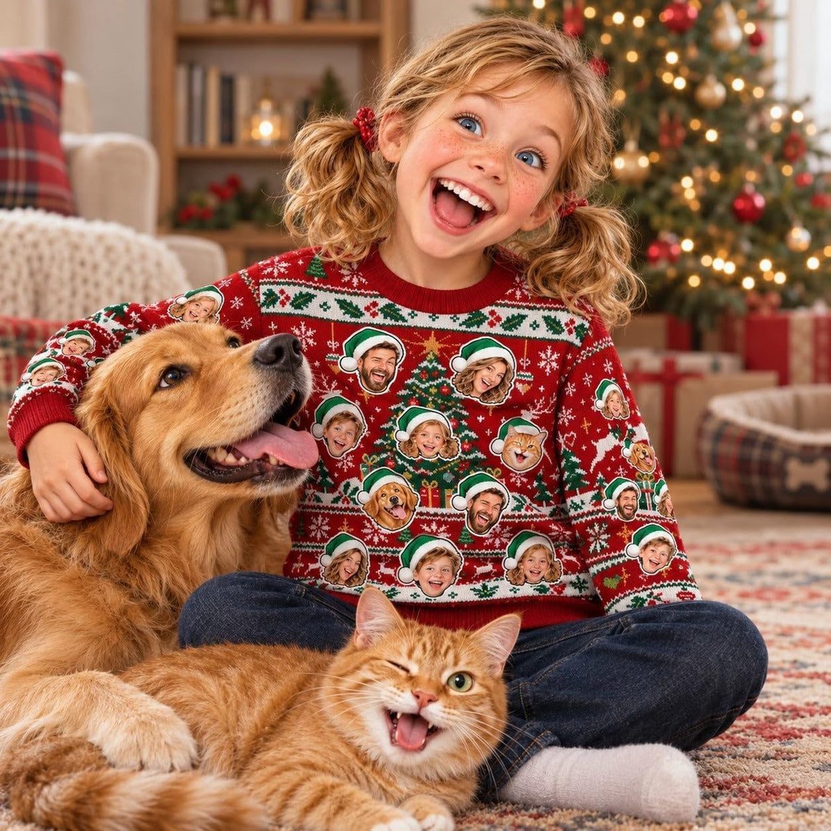 Sweat de Noël enfant rouge porté avec un chien et un chat : les animaux de la maison peuvent aussi y figurer, une photo par visage, imprimé et livré chez vous (exemple)