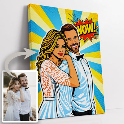 Création personnalisée : vous envoyez votre photo, elle devient un portrait pop art, couleurs franches, trame de points et bulle « WOW », imprimé sur toile canvas puis livré chez vous (exemple)