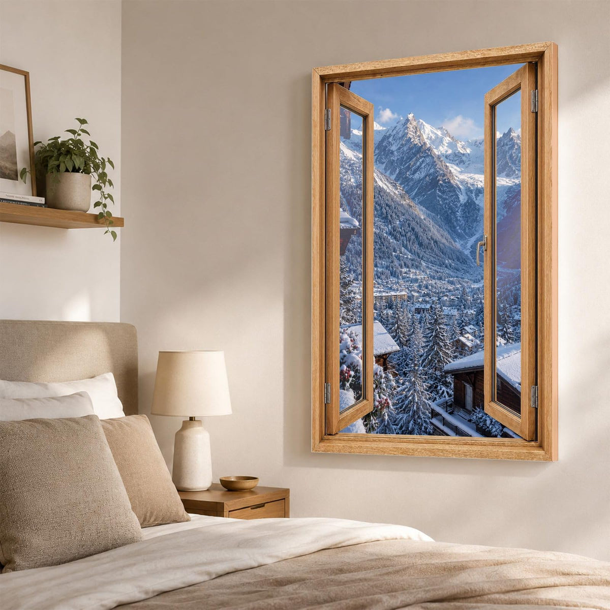 Trompe-l'œil sur Chamonix-Mont-Blanc dans une chambre, sommets enneigés et vallée en perspective, sur toile canvas ou plexiglas en 60 x 40 cm, 80 x 60 cm ou 120 x 80 cm, livré chez vous (exemple)