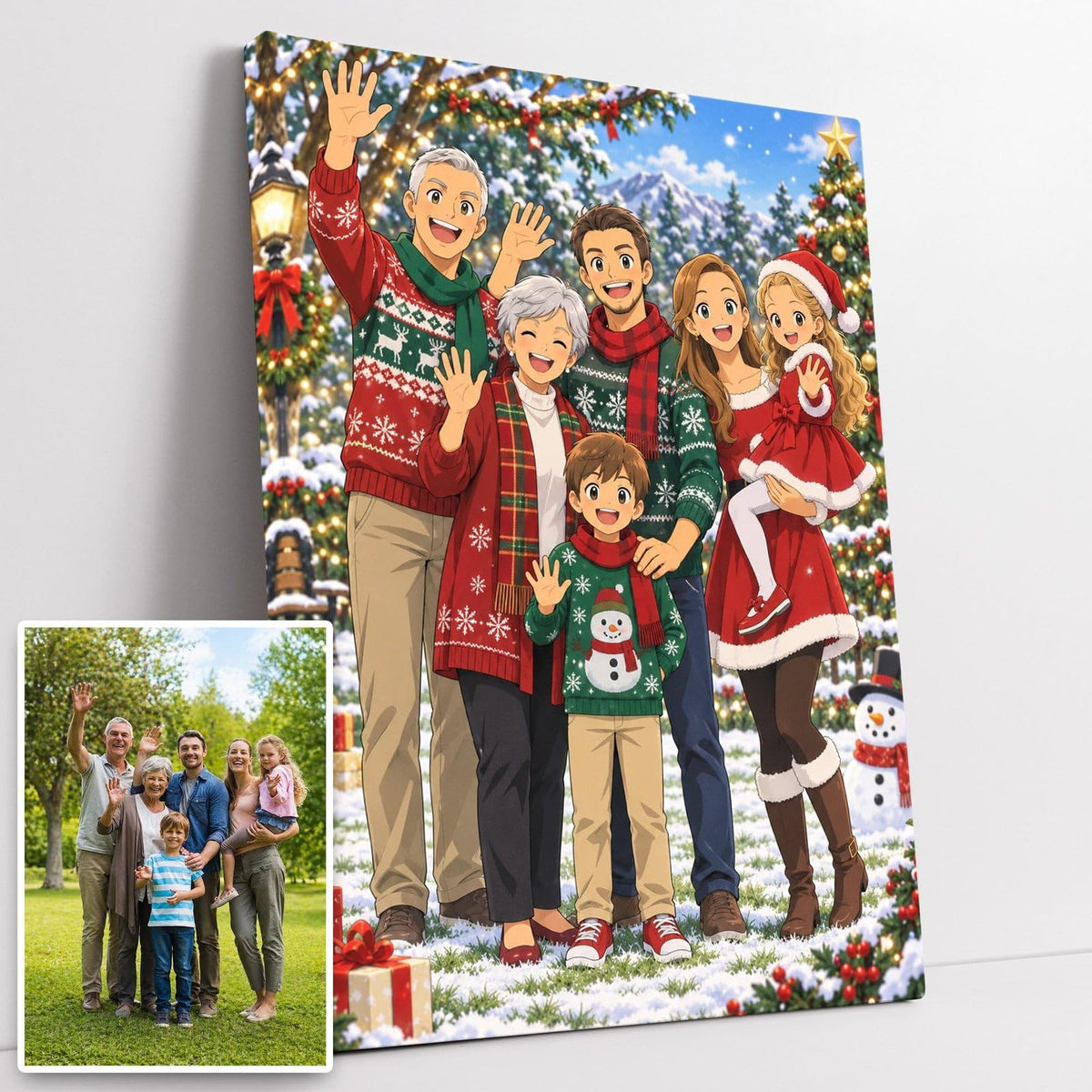 Votre photo transformée façon animé japonais pour Noël, contours nets, grands yeux et tenues de fête dans la neige, sur toile canvas tendue sur châssis, livrée chez vous (exemple)