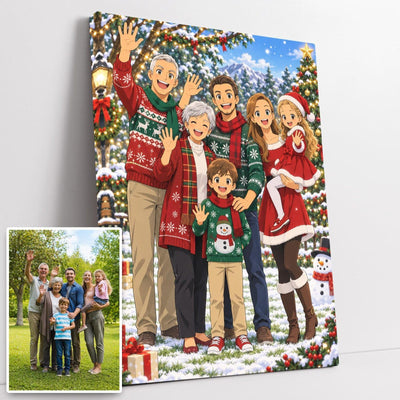 Votre photo transformée façon animé japonais pour Noël, contours nets, grands yeux et tenues de fête dans la neige, sur toile canvas tendue sur châssis, livrée chez vous (exemple)