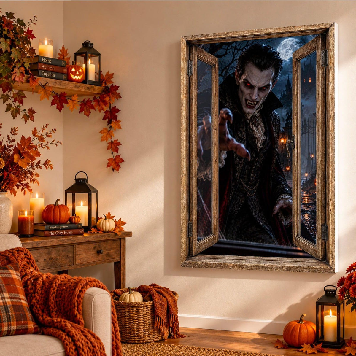 Dans un salon d'automne aux bougies, le vampire en cape et jabot de dentelle surgit de la fenêtre en trompe-l'œil, sur toile tendue, toile premium sur châssis de 4 cm ou plexiglas, livré (exemple)