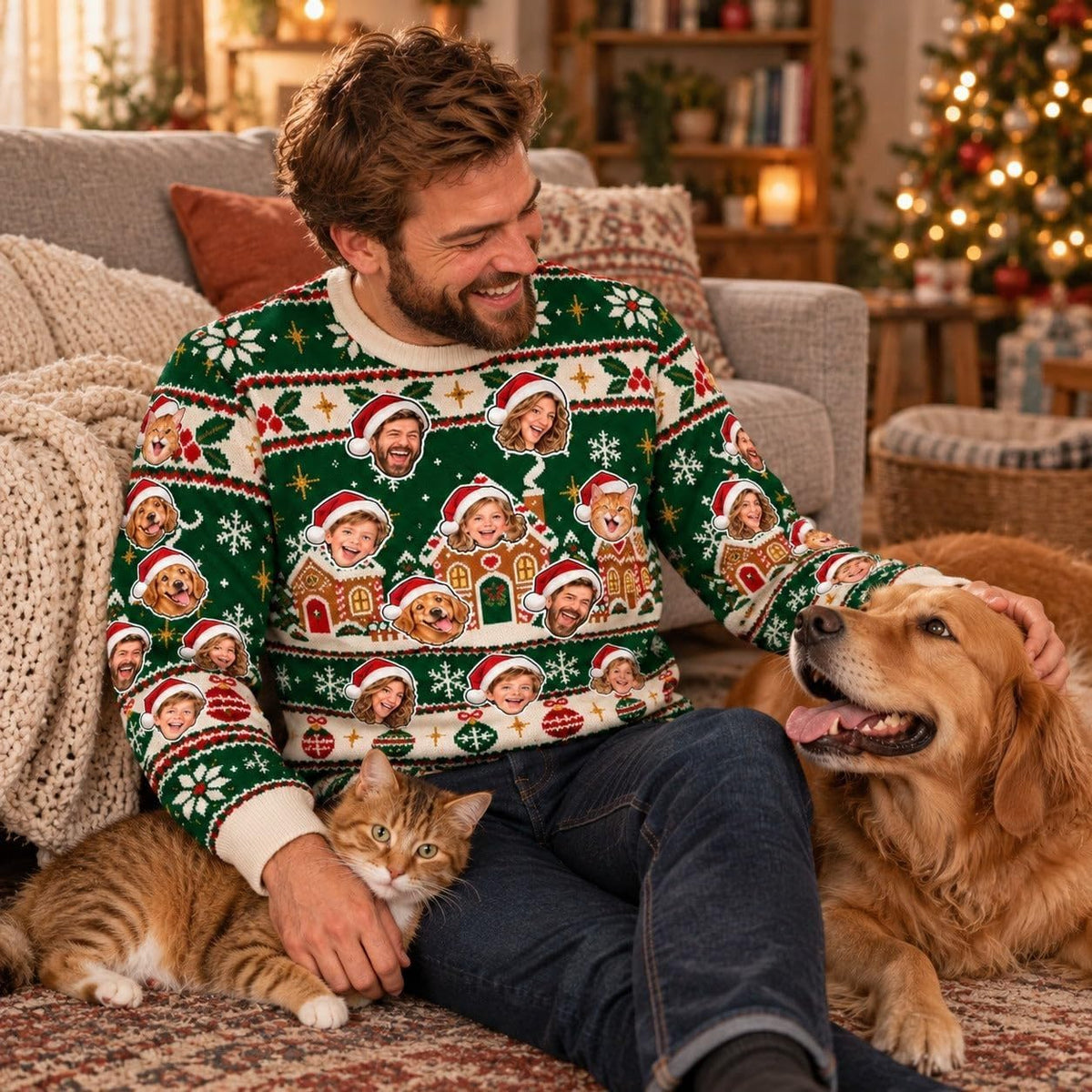 Sweat de Noël vert sapin personnalisé porté avec un chien et un chat : les animaux aussi peuvent figurer, une photo par visage, répétés sur le devant et les manches, livré chez vous (exemple)