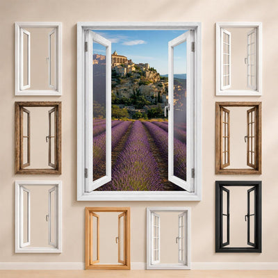 La vue sur Gordes et les styles de fenêtre proposés pour l'encadrer : bois, PVC blanc, alu noir ou sans fenêtre, imprimée sur toile ou plexiglas puis livrée (exemple)