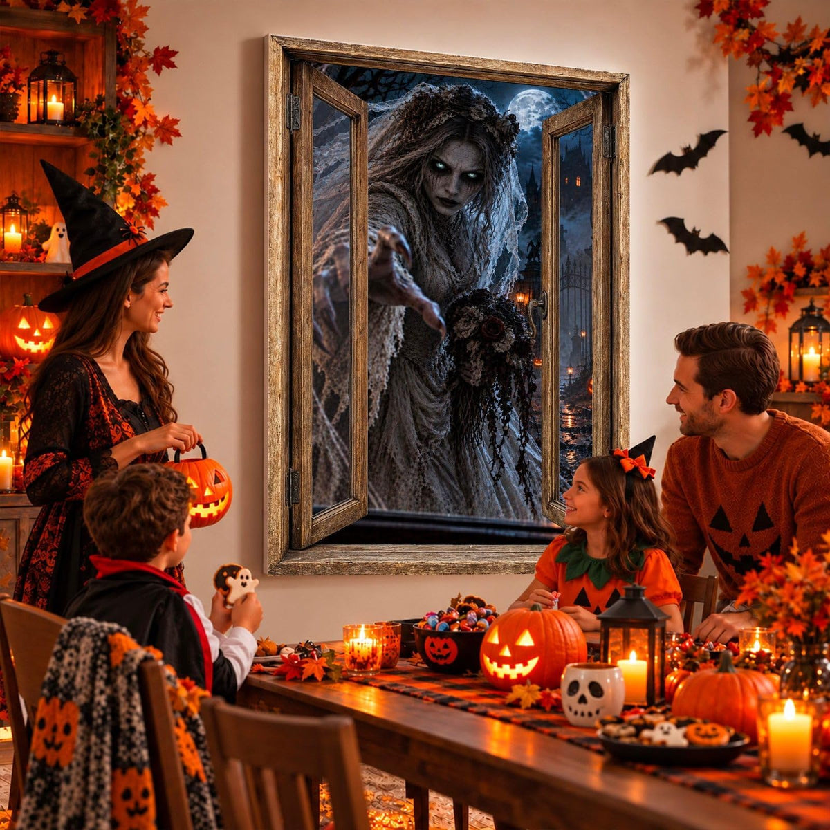 Idée d'usage : un goûter d'Halloween devant la mariée fantôme et le château sous la lune, sur toile ou plexiglas en 60 x 40 cm, 80 x 60 cm ou 120 x 80 cm, fenêtre au choix, livré (exemple)