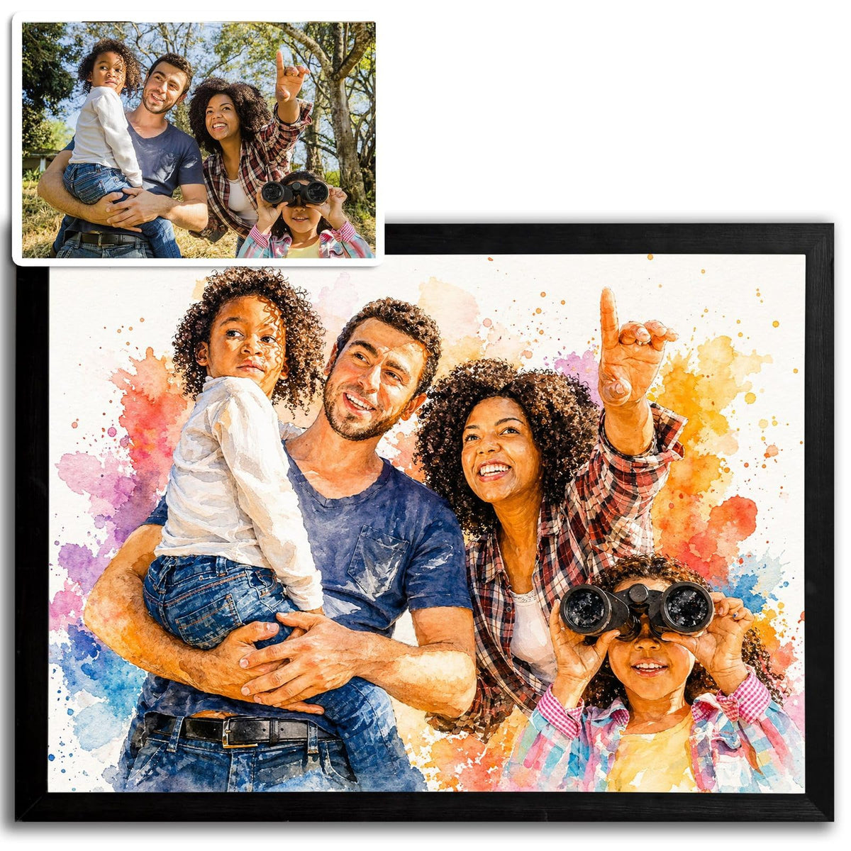Portrait éclats de couleurs d'après votre photo, explosion de pigments sur fond blanc, présenté en cadre noir paysage à côté de la photo d'origine, livré chez vous (exemple)