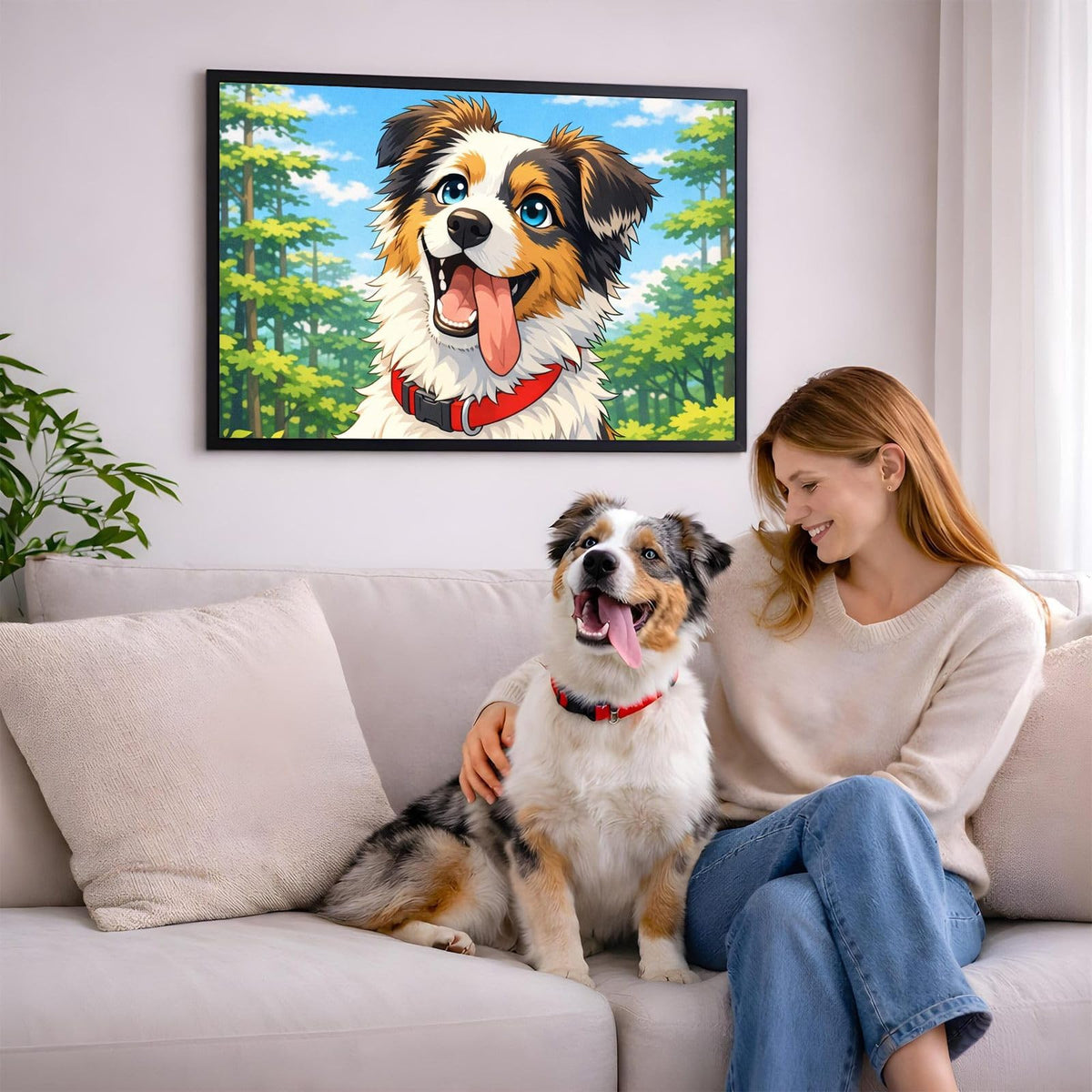 Portrait style manga en format paysage de votre chien d'après sa photo, accroché au salon en cadre noir ; aussi en affiche (poster), toile canvas ou plexiglas, livré chez vous (exemple)