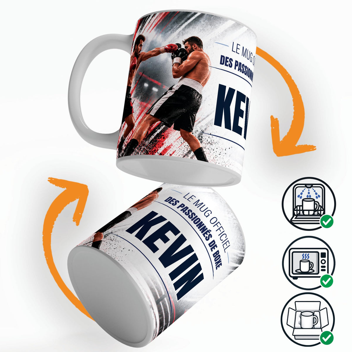 Mug boxe personnalisé qui tourne sur lui-même, avec trois pictogrammes : lave-vaisselle, micro-ondes et mug calé dans son emballage pour la livraison chez vous (exemple)