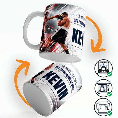 Mug boxe personnalisé qui tourne sur lui-même, avec trois pictogrammes : lave-vaisselle, micro-ondes et mug calé dans son emballage pour la livraison chez vous (exemple)