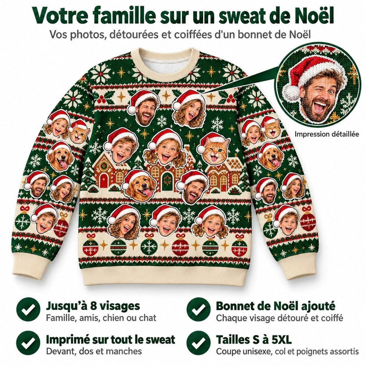 Sweat de Noël vert sapin unisexe : jusqu'à 8 visages détourés et coiffés d'un bonnet, imprimés sur le devant, le dos et les manches, tailles S à 5XL, livré chez vous (exemple)