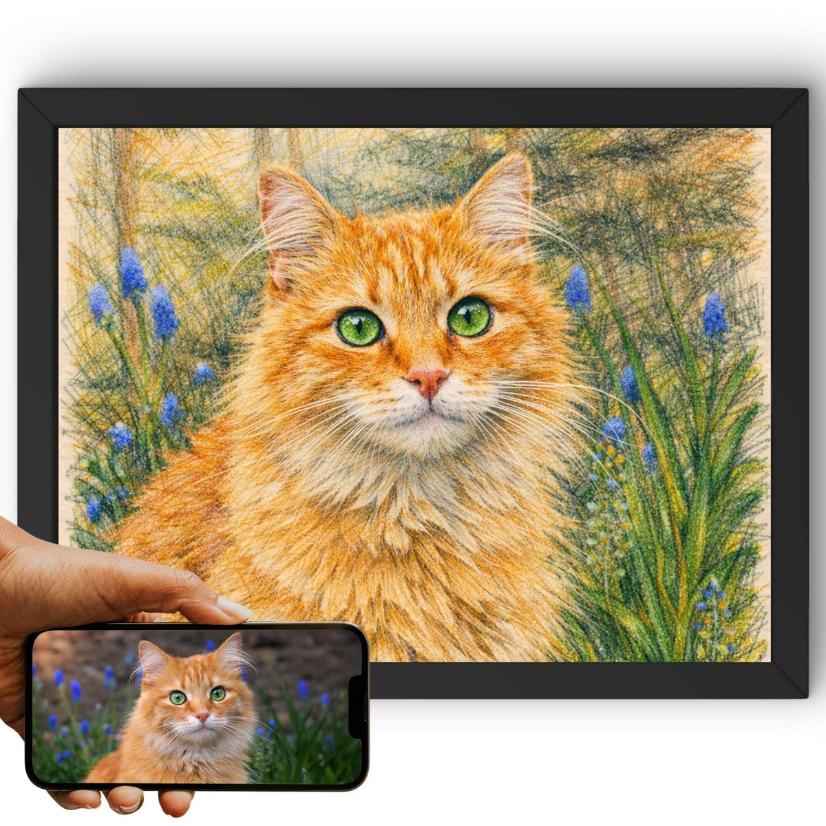 Création personnalisée : la photo de votre chat devient un portrait au crayon de couleur en format paysage, hachures fines et tons chauds, imprimé en cadre noir et livré chez vous (exemple)
