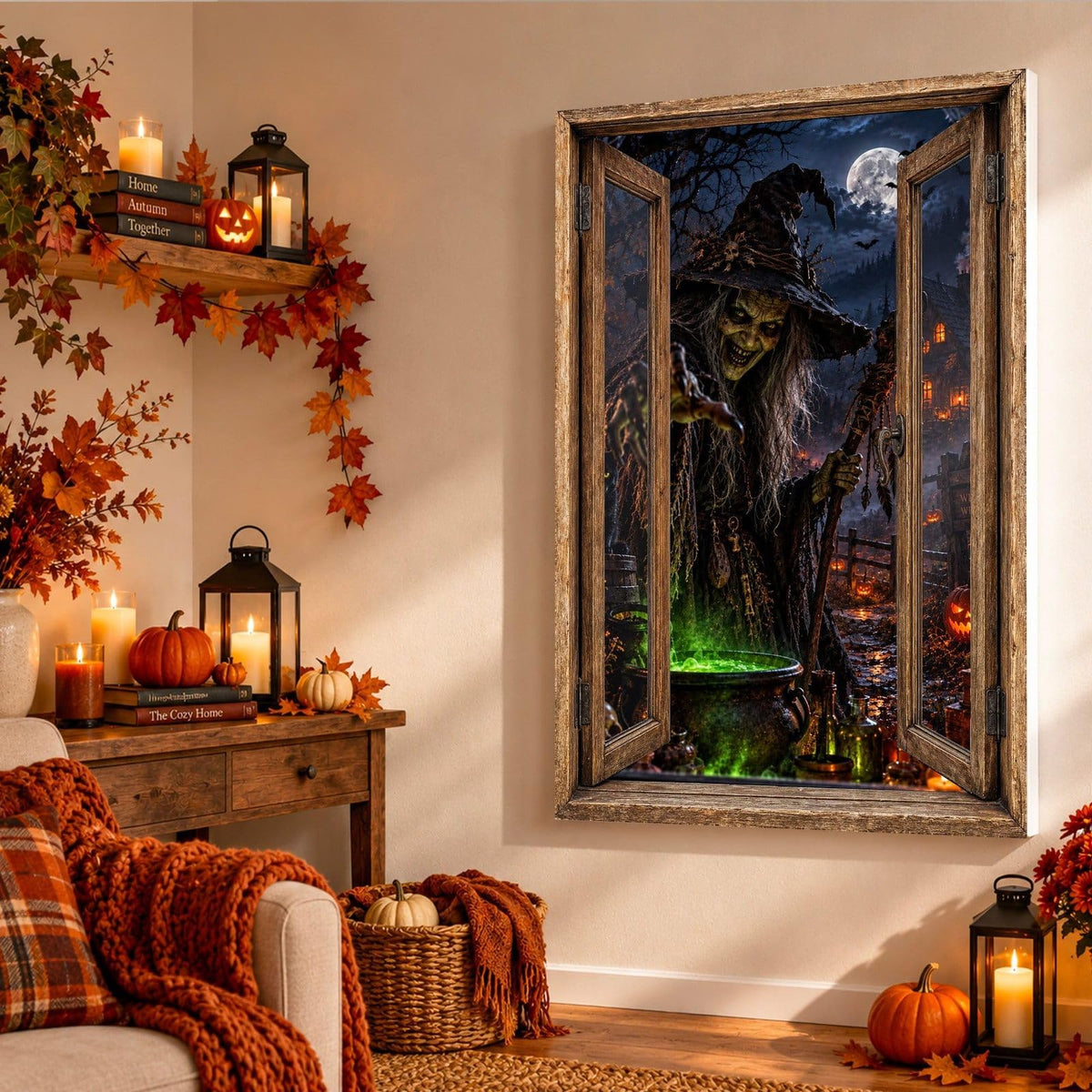 Dans un salon d'automne, la sorcière ricanante penchée sur sa potion verte tend la main en trompe-l'œil, sur toile tendue, toile premium sur châssis de 4 cm ou plexiglas, décor livré (exemple)
