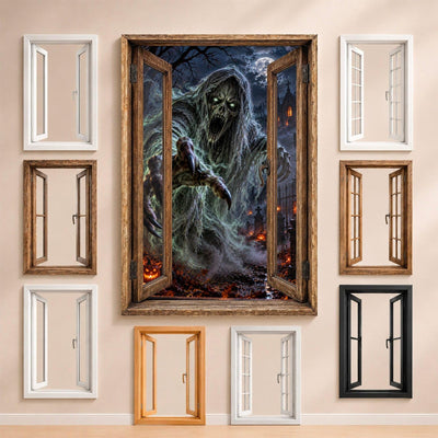 Le fantôme de brume aux yeux verts qui jaillit du cimetière, entouré des fenêtres au choix : bois, PVC blanc, à carreaux, alu noir ou sans fenêtre, décor livré sur toile ou plexiglas (exemple)
