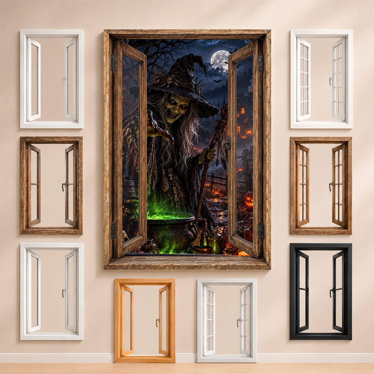 La sorcière au chapeau pointu et son chaudron bouillonnant de vert, entourée des fenêtres au choix : bois, PVC blanc, à carreaux, alu noir ou sans fenêtre, décor livré sur toile ou plexiglas (exemple)