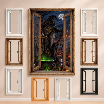 La sorcière au chapeau pointu et son chaudron bouillonnant de vert, entourée des fenêtres au choix : bois, PVC blanc, à carreaux, alu noir ou sans fenêtre, décor livré sur toile ou plexiglas (exemple)
