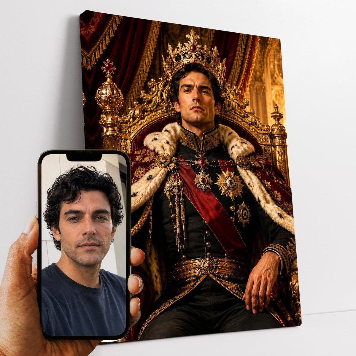 Portrait d'apparat d'après votre photo : votre visage en empereur sur son trône, couronne ornée, manteau bordé d'hermine et décorations, imprimé sur toile canvas, livré chez vous (exemple)
